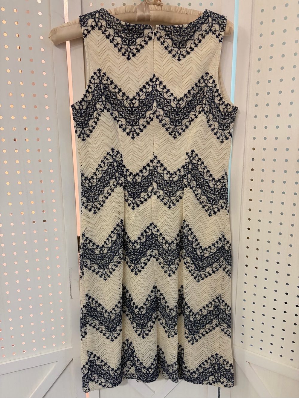 Eliza J Ivory Midi Dress with Navy Chevron Lace